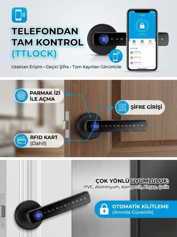 Akıllı Kapı Kolu TTLock Z3 Siyah Şifreli Kartlı Mobil Uygulama PVC Alüminyum Ahşap Uyumlu Parmak İzi