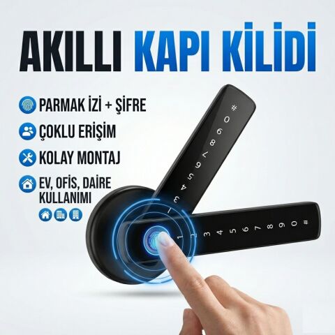 Akıllı Kapı Kolu TTLock Z3 Siyah Şifreli Kartlı Mobil Uygulama PVC Alüminyum Ahşap Uyumlu Parmak İzi