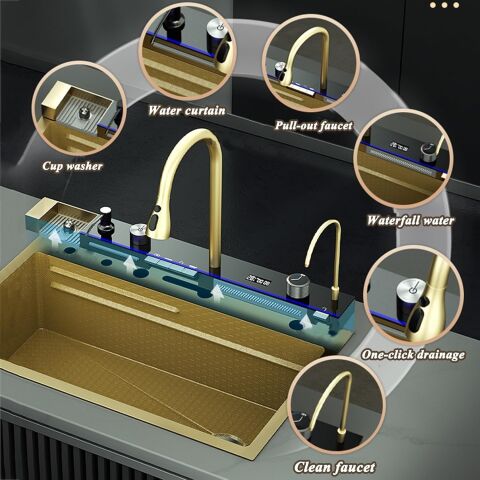 Tam Otomatik 9 Fonksiyonlu Şelale Evye Gold. Dijital Tasarımlı Akıllı Eviye 75×45 Cm