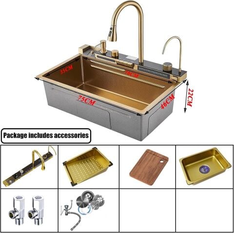 Tam Otomatik 9 Fonksiyonlu Şelale Evye Gold. Dijital Tasarımlı Akıllı Eviye 75×45 Cm