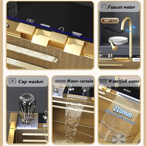 Tam Otomatik 9 Fonksiyonlu Şelale Evye Gold. Dijital Tasarımlı Akıllı Eviye 75×45 Cm