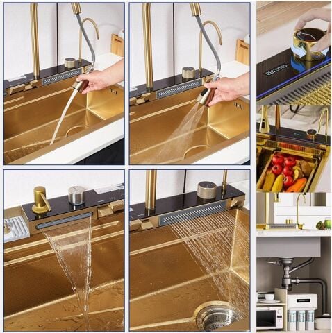 Tam Otomatik 9 Fonksiyonlu Şelale Evye Gold. Dijital Tasarımlı Akıllı Eviye 75×45 Cm