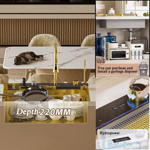 Tam Otomatik 9 Fonksiyonlu Şelale Evye Gold. Dijital Tasarımlı Akıllı Eviye 75×45 Cm