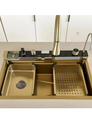 Tam Otomatik 9 Fonksiyonlu Şelale Evye Gold. Dijital Tasarımlı Akıllı Eviye 75×45 Cm