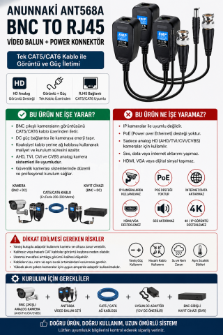 Bnc To Rj45 Video Balun + Power Konnektör ANT568A
