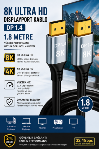 8K DisplayPort Kablo DP 1.4 1.8 Metre Ultra HD Altın Uçlu Gaming Monitör Kablosu