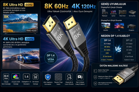 8K DisplayPort Kablo DP 1.4 1.8 Metre Ultra HD Altın Uçlu Gaming Monitör Kablosu