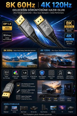 8K DisplayPort Kablo DP 1.4 1.8 Metre Ultra HD Altın Uçlu Gaming Monitör Kablosu