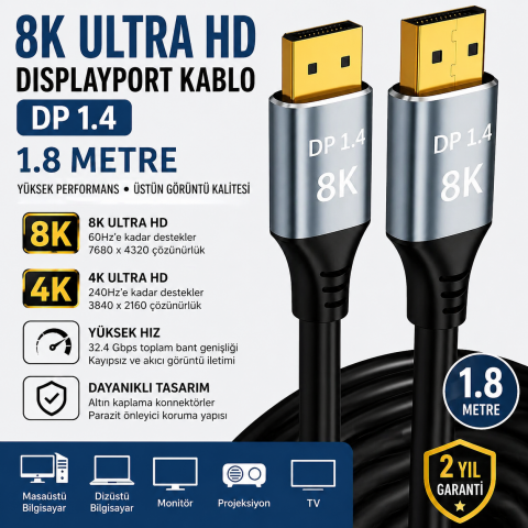 8K DisplayPort Kablo DP 1.4 1.8 Metre Ultra HD Altın Uçlu Gaming Monitör Kablosu