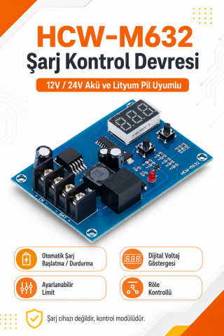 HCW-M632 Akıllı Şarj Kontrol Devresi 12V 24V Jel Akü Lityum Batarya Uyumlu