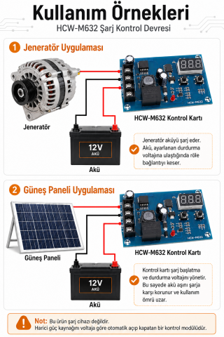 HCW-M632 Akıllı Şarj Kontrol Devresi 12V 24V Jel Akü Lityum Batarya Uyumlu