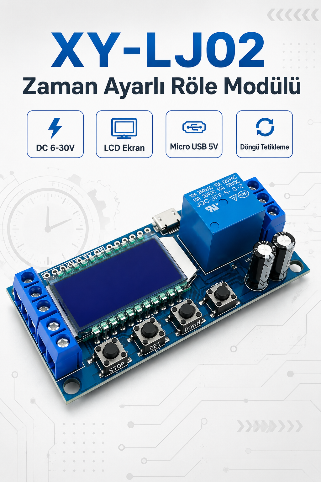 XY-LJ02 Zaman Ayarlı Röle Modülü DC 6-30V LCD Ekranlı Döngü Tetiklemeli Gecikmeli Röle Kartı