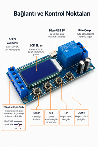 XY-LJ02 Zaman Ayarlı Röle Modülü DC 6-30V LCD Ekranlı Döngü Tetiklemeli Gecikmeli Röle Kartı