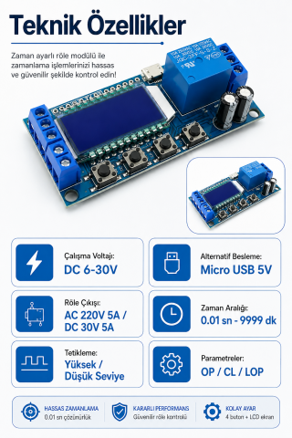 XY-LJ02 Zaman Ayarlı Röle Modülü DC 6-30V LCD Ekranlı Döngü Tetiklemeli Gecikmeli Röle Kartı