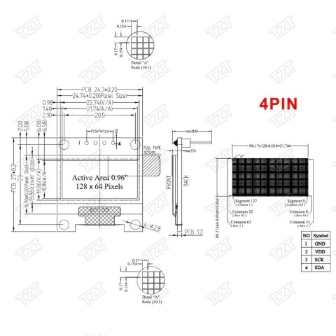 128x64 0.96 inch Oled Grafik Lcd Ekran - 4 Pin Mavi