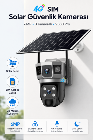 4G SIM Kartlı Güneş Enerjili Güvenlik Kamerası 6MP Solar Panelli Su Geçirmez 3 Kameralı V380 Pro