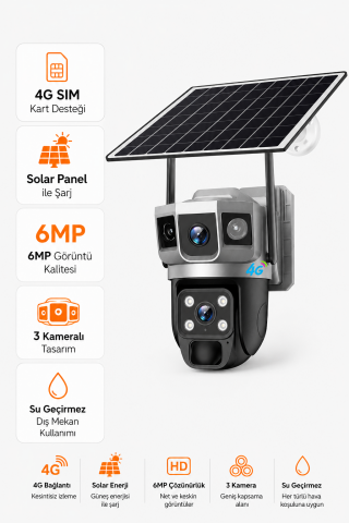 4G SIM Kartlı Güneş Enerjili Güvenlik Kamerası 6MP Solar Panelli Su Geçirmez 3 Kameralı V380 Pro