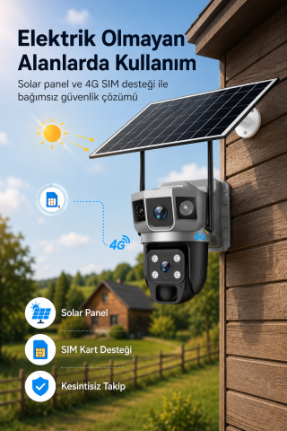 4G SIM Kartlı Güneş Enerjili Güvenlik Kamerası 6MP Solar Panelli Su Geçirmez 3 Kameralı V380 Pro