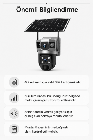 4G SIM Kartlı Güneş Enerjili Güvenlik Kamerası 6MP Solar Panelli Su Geçirmez 3 Kameralı V380 Pro