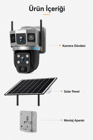 4G SIM Kartlı Güneş Enerjili Güvenlik Kamerası 6MP Solar Panelli Su Geçirmez 3 Kameralı V380 Pro