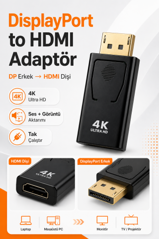 DisplayPort to HDMI Çevirici Adaptör DisplayPort Erkek HDMI Dişi PC Laptop TV Projeksiyon