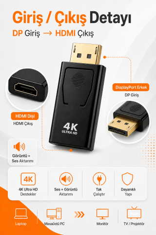 DisplayPort to HDMI Çevirici Adaptör DisplayPort Erkek HDMI Dişi PC Laptop TV Projeksiyon