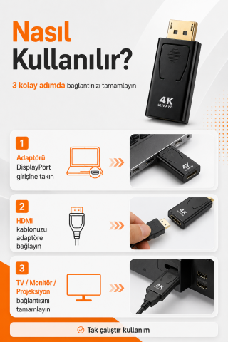 DisplayPort to HDMI Çevirici Adaptör DisplayPort Erkek HDMI Dişi PC Laptop TV Projeksiyon