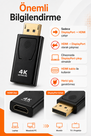 DisplayPort to HDMI Çevirici Adaptör DisplayPort Erkek HDMI Dişi PC Laptop TV Projeksiyon