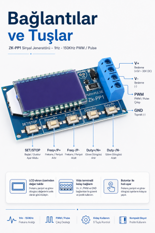 ZK-PP1 PWM Sinyal Üreteci Pulse Jeneratörü 1Hz-150KHz Ayarlanabilir LCD Ekranlı Devre Modülü