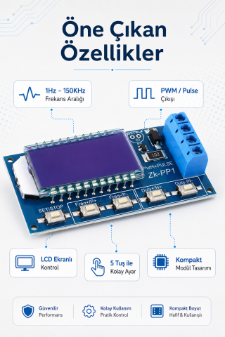 ZK-PP1 PWM Sinyal Üreteci Pulse Jeneratörü 1Hz-150KHz Ayarlanabilir LCD Ekranlı Devre Modülü