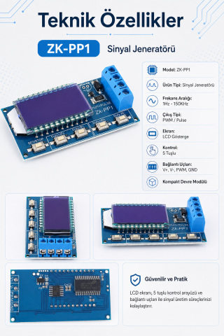 ZK-PP1 PWM Sinyal Üreteci Pulse Jeneratörü 1Hz-150KHz Ayarlanabilir LCD Ekranlı Devre Modülü