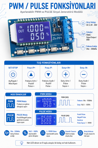 ZK-PP1 PWM Sinyal Üreteci Pulse Jeneratörü 1Hz-150KHz Ayarlanabilir LCD Ekranlı Devre Modülü
