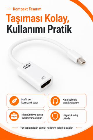 Mini DisplayPort HDMI Adaptör Çevirici 4K 1080p 60Hz Laptop Mac Monitör TV Projektör Uyumlu
