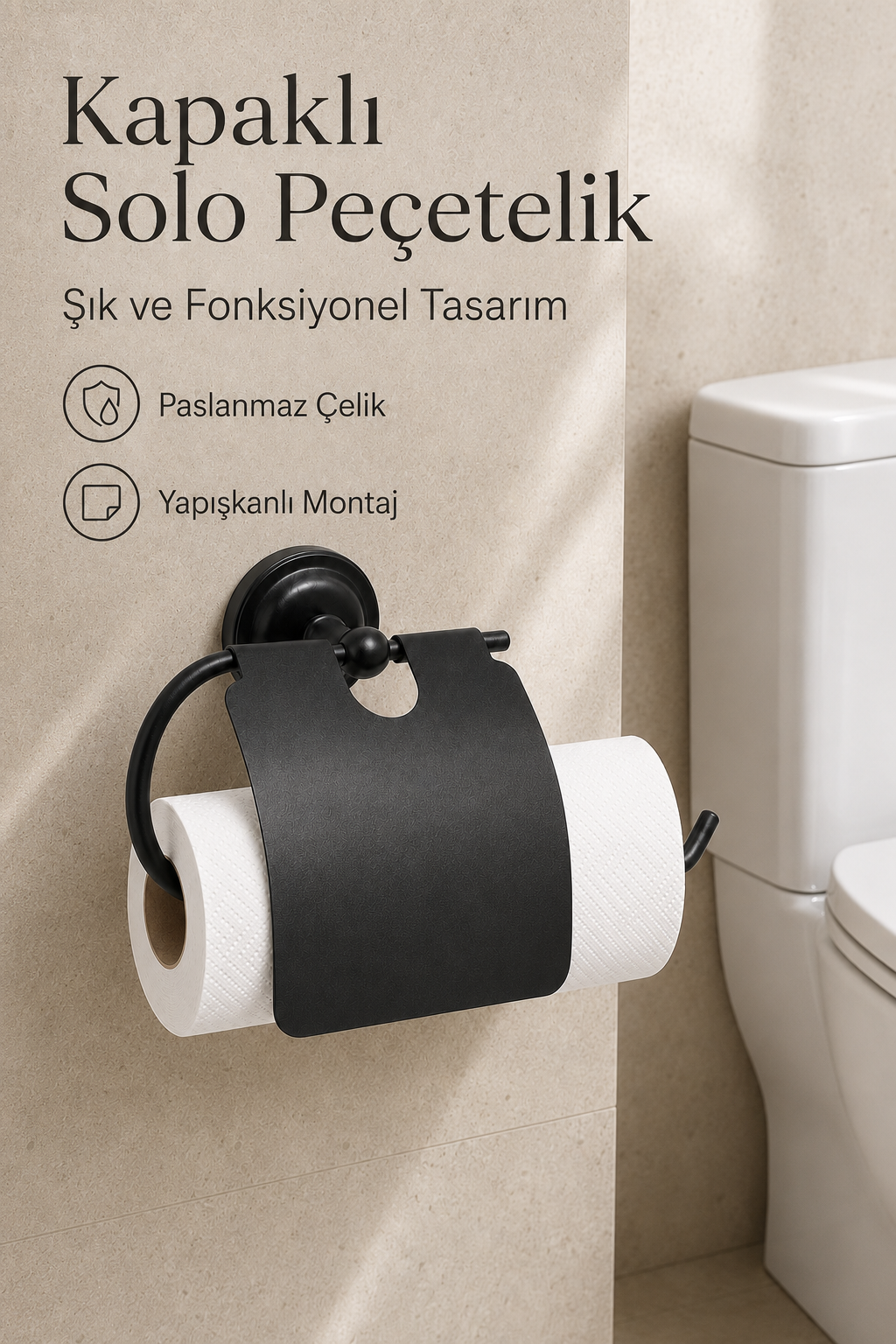 Kapaklı Tuvalet Kağıtlığı Havluluk Yapışkanlı Siyah Rulo Kağıt Peçetelik Delmesiz Paslanmaz Çelik