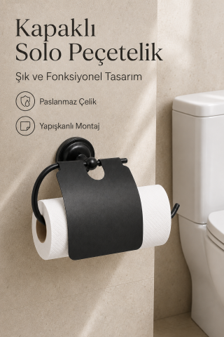 Kapaklı Tuvalet Kağıtlığı Havluluk Yapışkanlı Siyah Rulo Kağıt Peçetelik Delmesiz Paslanmaz Çelik