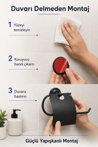Kapaklı Tuvalet Kağıtlığı Havluluk Yapışkanlı Siyah Rulo Kağıt Peçetelik Delmesiz Paslanmaz Çelik