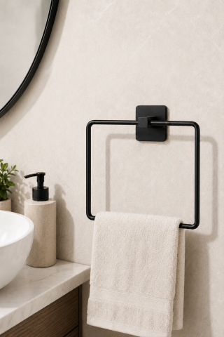 Kare Siyah Havluluk Yapışkanlı Delmesiz Metal Çelik Banyo Askılığı El Havluluğu