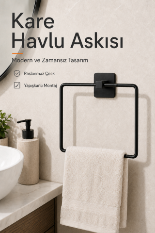 Kare Siyah Havluluk Yapışkanlı Delmesiz Metal Çelik Banyo Askılığı El Havluluğu