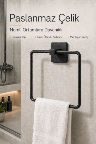 Kare Siyah Havluluk Yapışkanlı Delmesiz Metal Çelik Banyo Askılığı El Havluluğu