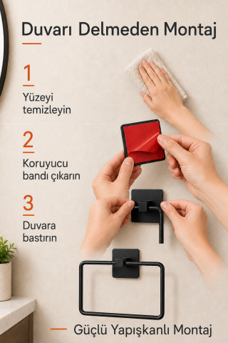 Kare Siyah Havluluk Yapışkanlı Delmesiz Metal Çelik Banyo Askılığı El Havluluğu