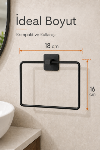 Kare Siyah Havluluk Yapışkanlı Delmesiz Metal Çelik Banyo Askılığı El Havluluğu