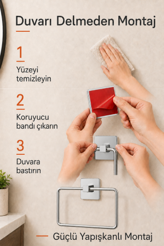 Kare Havluluk Yapışkanlı Delmesiz Matkapsız Metal Paslanmaz Çelik Banyo Askılığı El Havluluğu