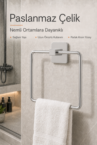 Kare Havluluk Yapışkanlı Delmesiz Matkapsız Metal Paslanmaz Çelik Banyo Askılığı El Havluluğu