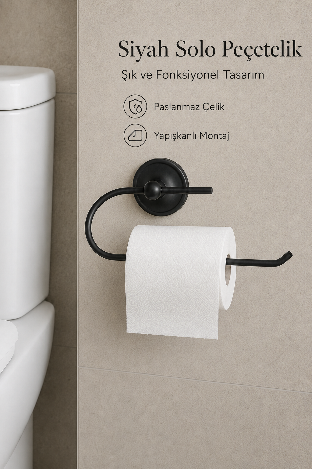 Yapışkanlı Mat Siyah Kağıt Rulo Peçetelik Tuvalet Kağıtlığı Banyo Askısı Metal Paslanmaz Çelik