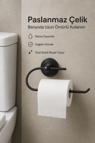 Yapışkanlı Mat Siyah Kağıt Rulo Peçetelik Tuvalet Kağıtlığı Banyo Askısı Metal Paslanmaz Çelik