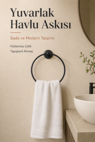Halka Yapışkanlı Mat Siyah Yuvarlak Havluluk Banyo Askılığı Havluluğu Metal Paslanmaz Çelik