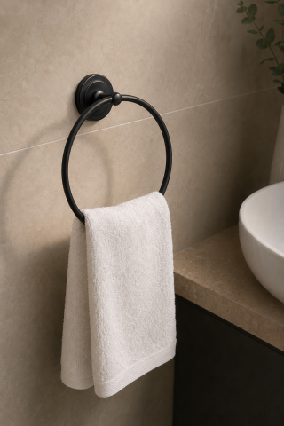 Halka Yapışkanlı Mat Siyah Yuvarlak Havluluk Banyo Askılığı Havluluğu Metal Paslanmaz Çelik