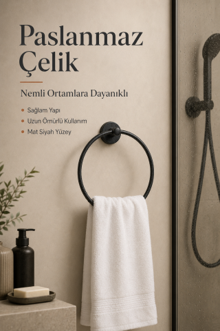 Halka Yapışkanlı Mat Siyah Yuvarlak Havluluk Banyo Askılığı Havluluğu Metal Paslanmaz Çelik