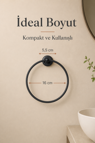 Halka Yapışkanlı Mat Siyah Yuvarlak Havluluk Banyo Askılığı Havluluğu Metal Paslanmaz Çelik