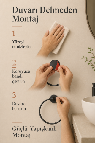 Halka Yapışkanlı Mat Siyah Yuvarlak Havluluk Banyo Askılığı Havluluğu Metal Paslanmaz Çelik
